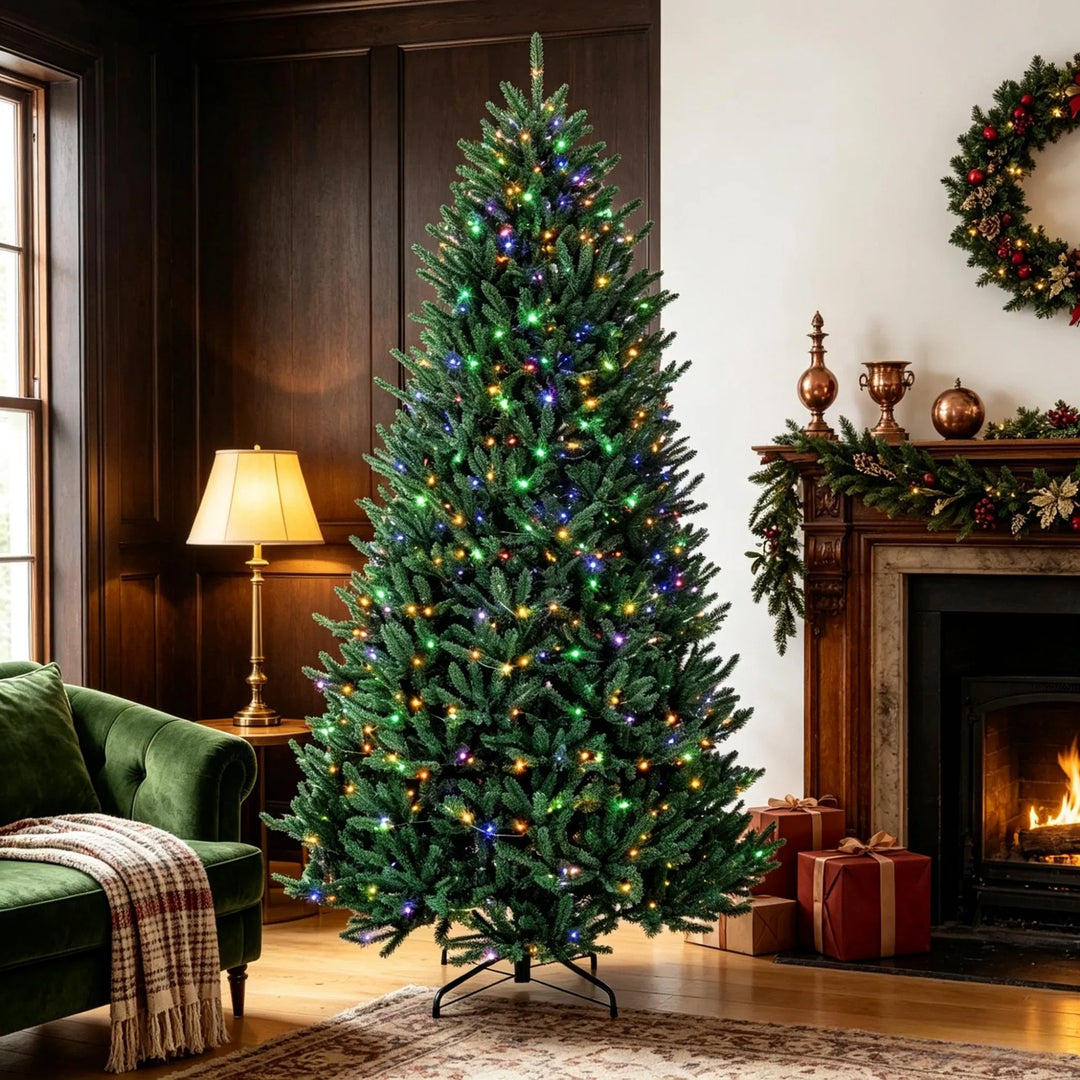 Full 9 ft pre-lit Christmas tree glowing