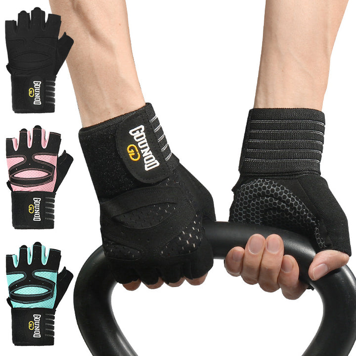 Black half-finger gym gloves with wrist wrap