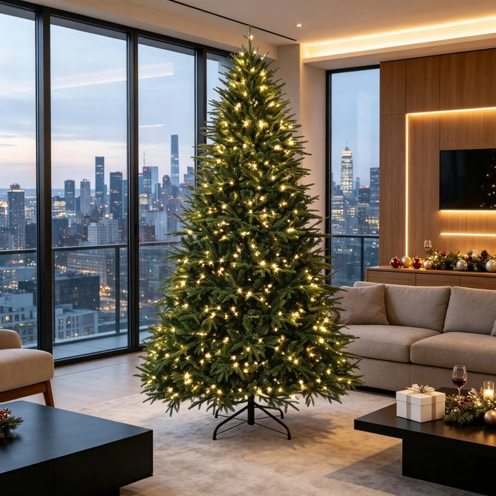 Extra full green Christmas tree with lights