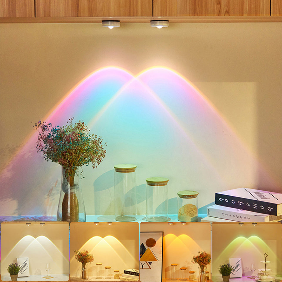 Stick-on push light glowing on a wall