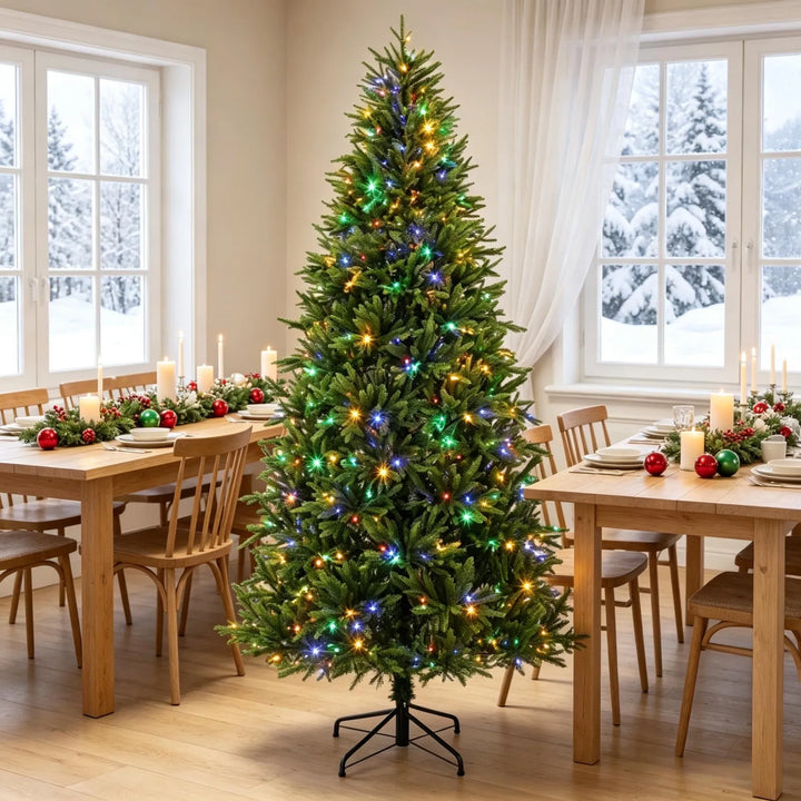Full green pre-lit Christmas tree with lights