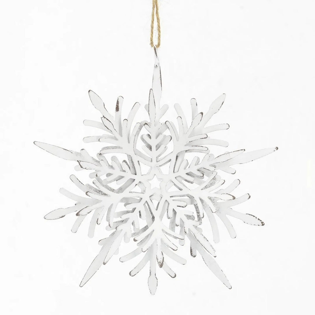 White iron snowflake ornaments with rope hangers