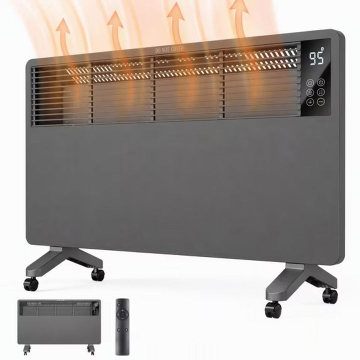 White slim panel heater rolling on castors