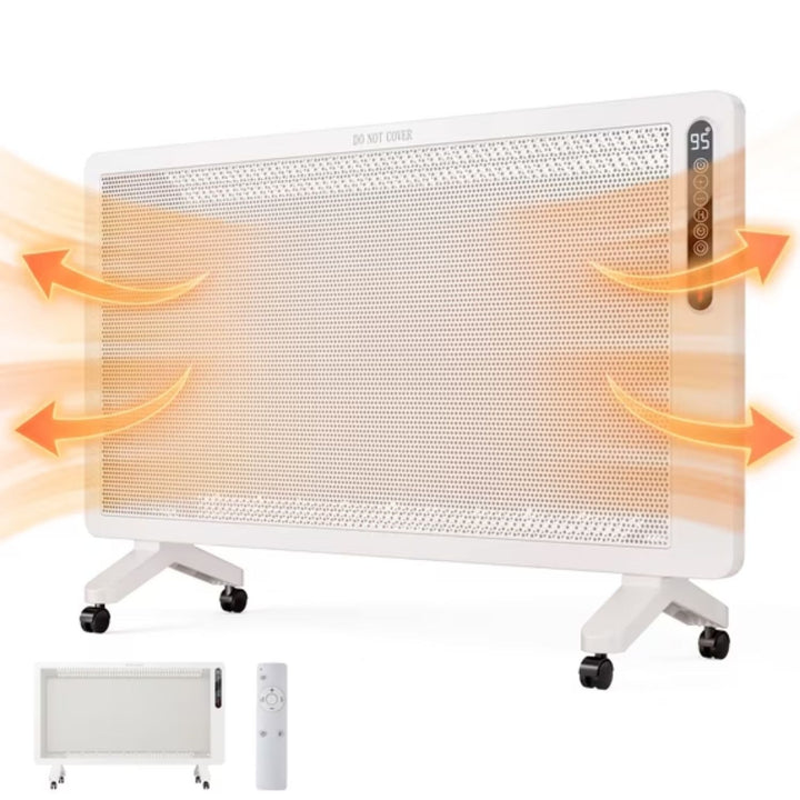 White slim panel heater rolling on castors