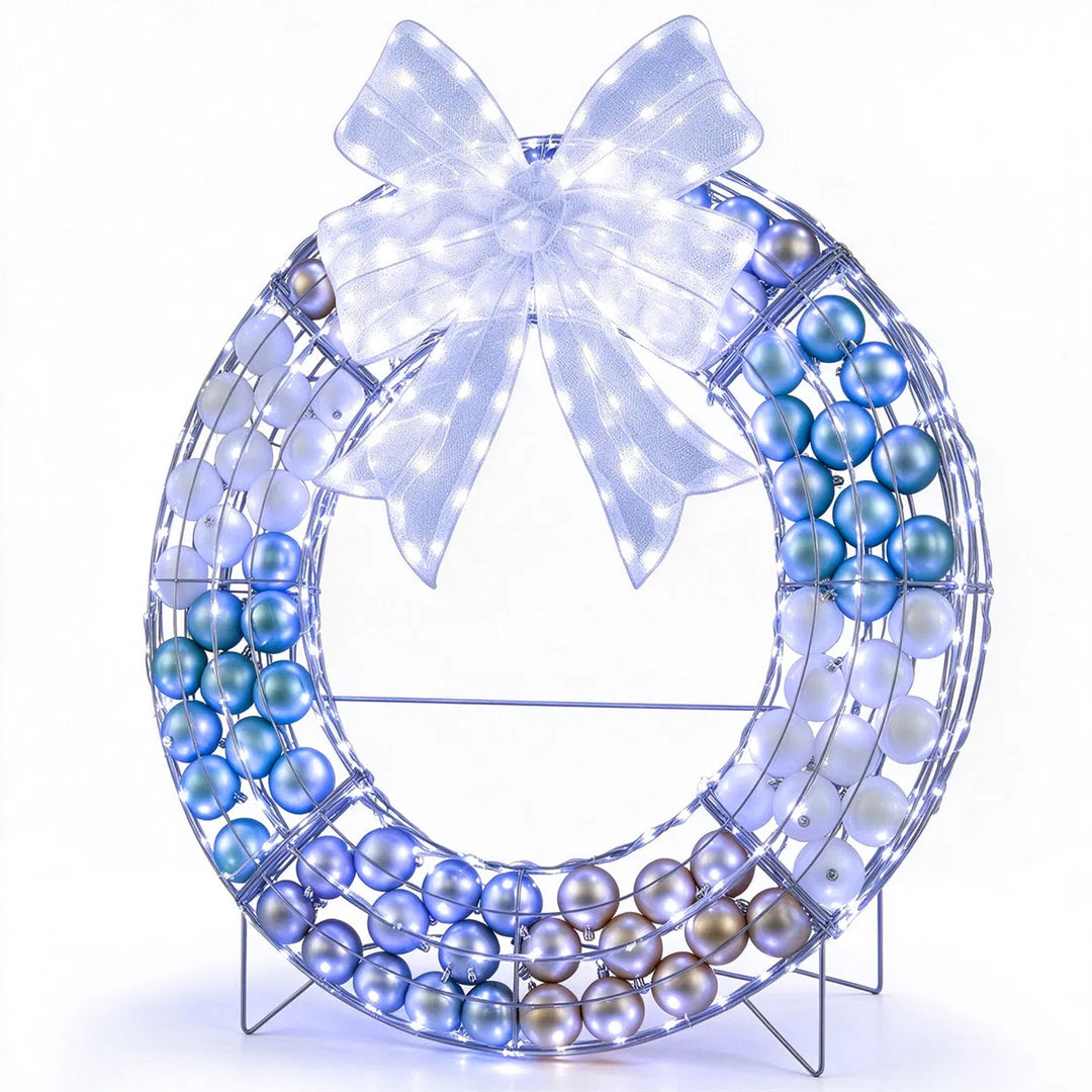 Freestanding lighted Christmas wreath with ornaments