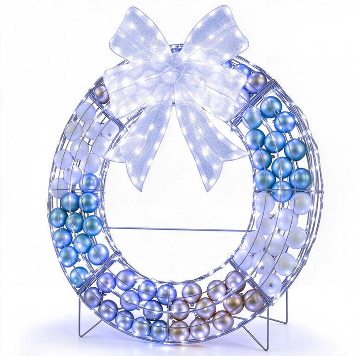 Freestanding lighted Christmas wreath with ornaments
