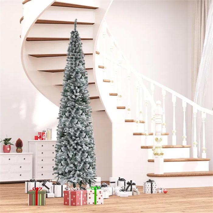 Heat Grove 9 ft Slim Snow-Flocked Pencil Christmas Tree, Unlit