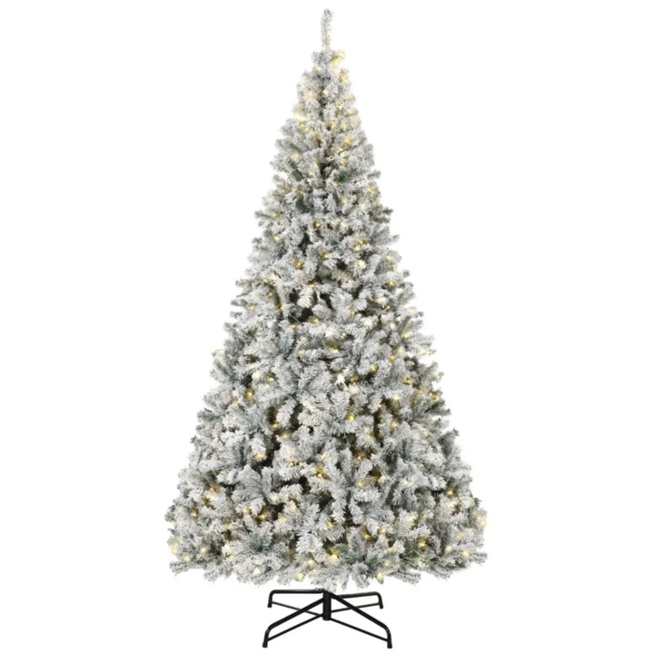 Tall flocked Fraser fir Christmas tree lit