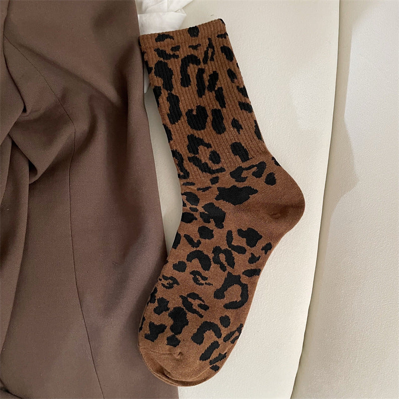 Brown leopard print mid-calf crew socks