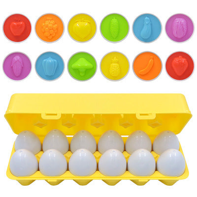 Twelve shape-matching toy eggs in carton