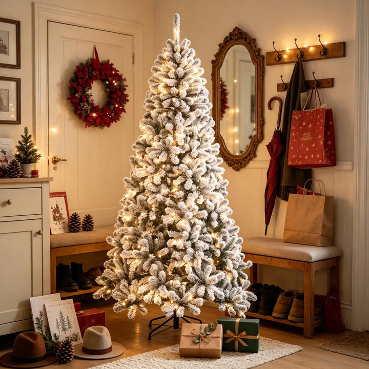Flocked Northern pine Christmas tree with lights