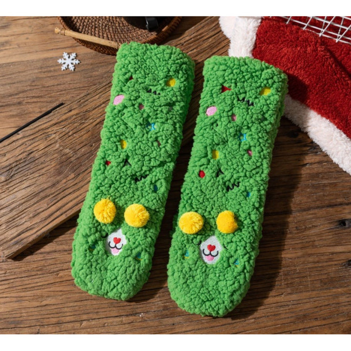 Fluffy pink floor socks with embroidered faces