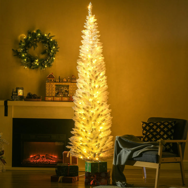 Tall white pencil Christmas tree with lights