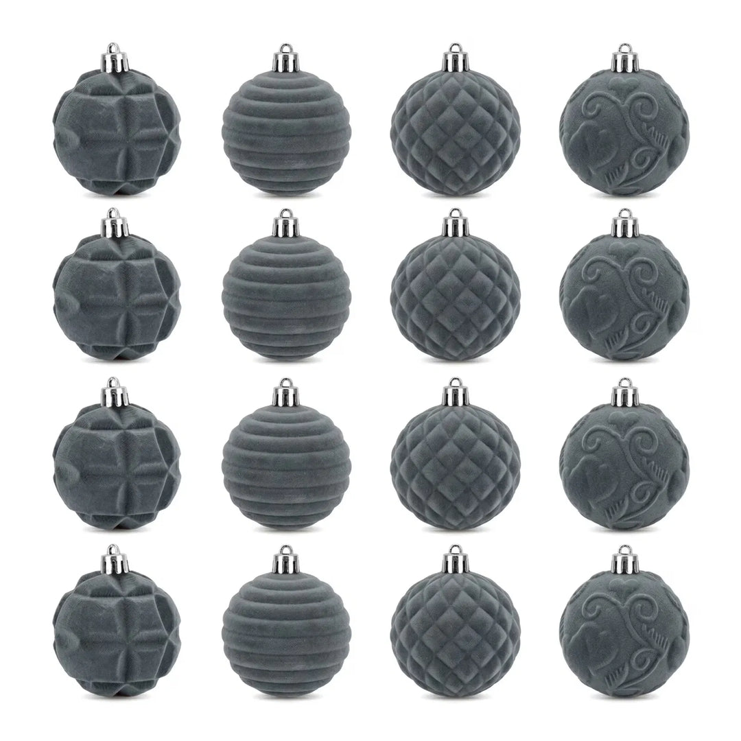 Gray velvet ball ornaments with silver caps