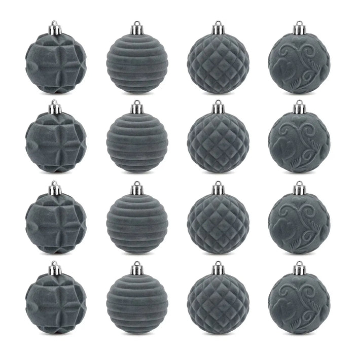 Heat Grove Gray Velvet Ball Ornaments with Carved Pattern, 12 Pack