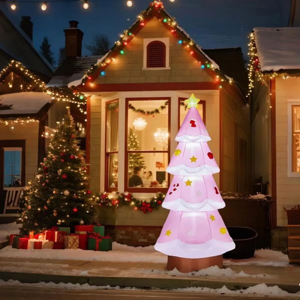 Giant pink inflatable Christmas tree glowing