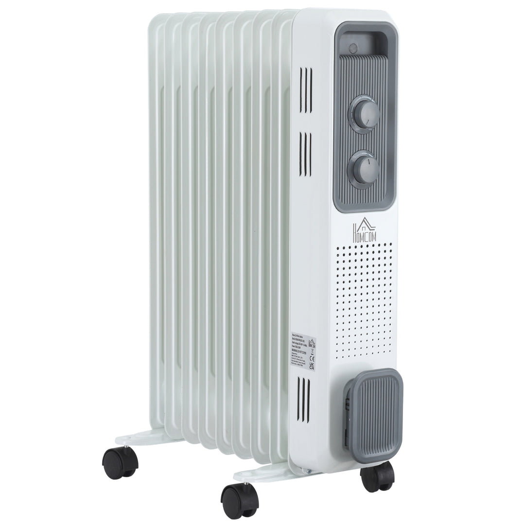 White nine-fin oil-filled radiator on wheels