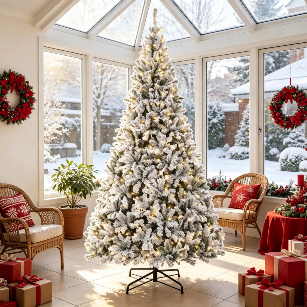 Tall flocked Fraser fir Christmas tree lit