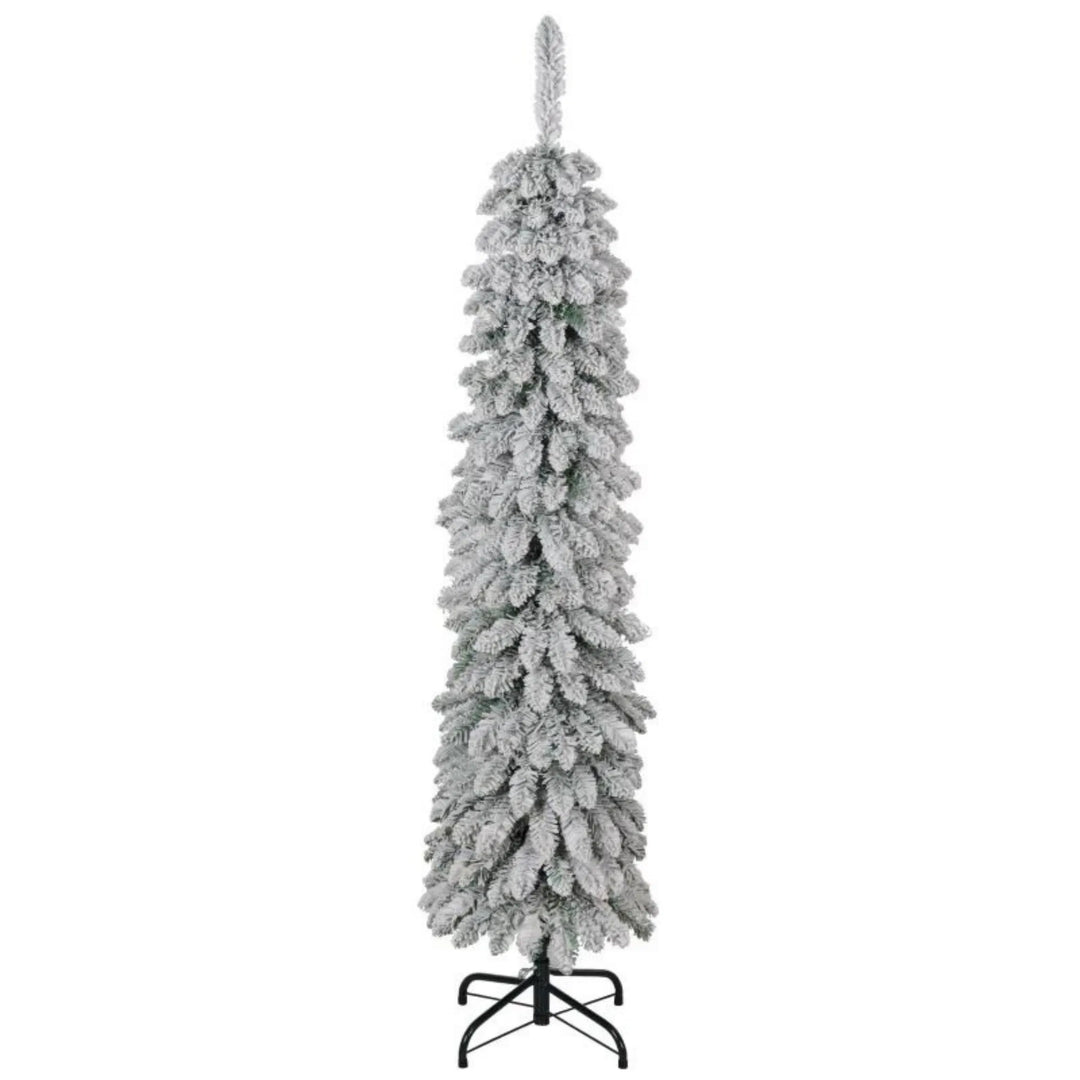 Slim snow flocked pencil Christmas tree in corner