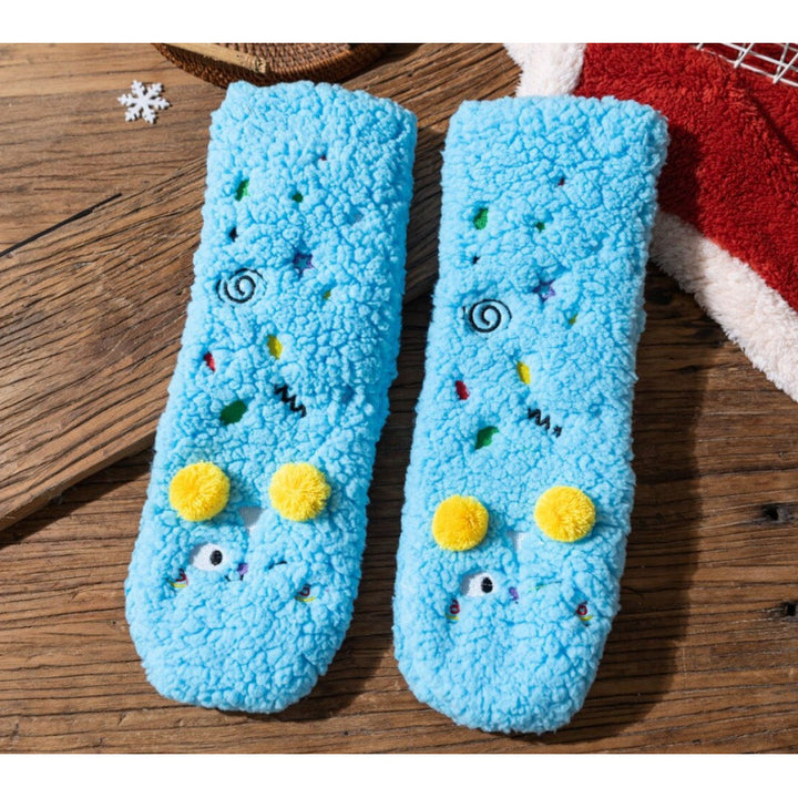 Fluffy pink floor socks with embroidered faces