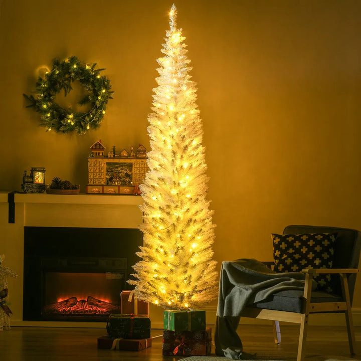 Tall white pencil Christmas tree with lights