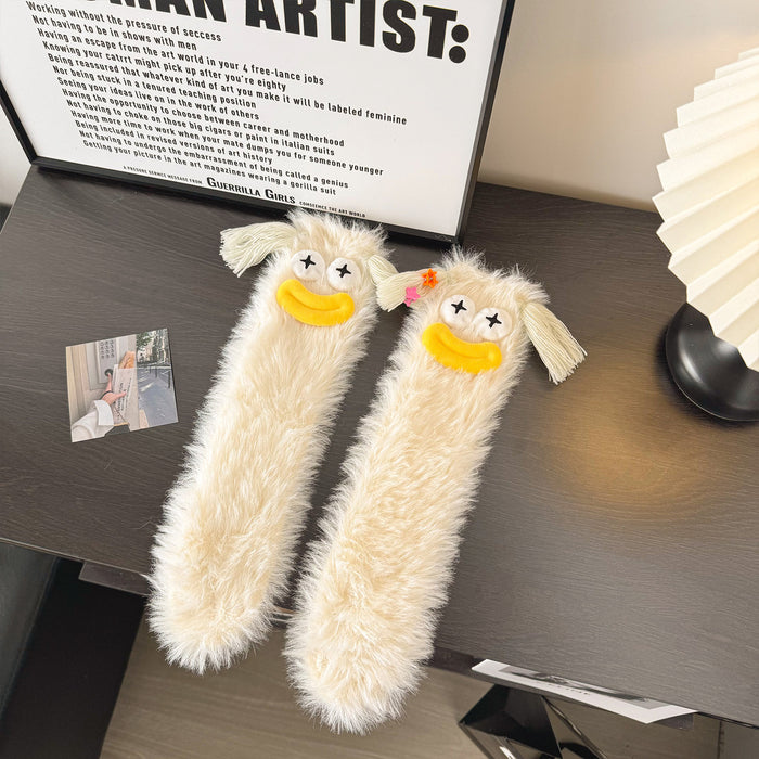 Heat Grove Fluffy Monster Face Socks, Plush Mid-Calf