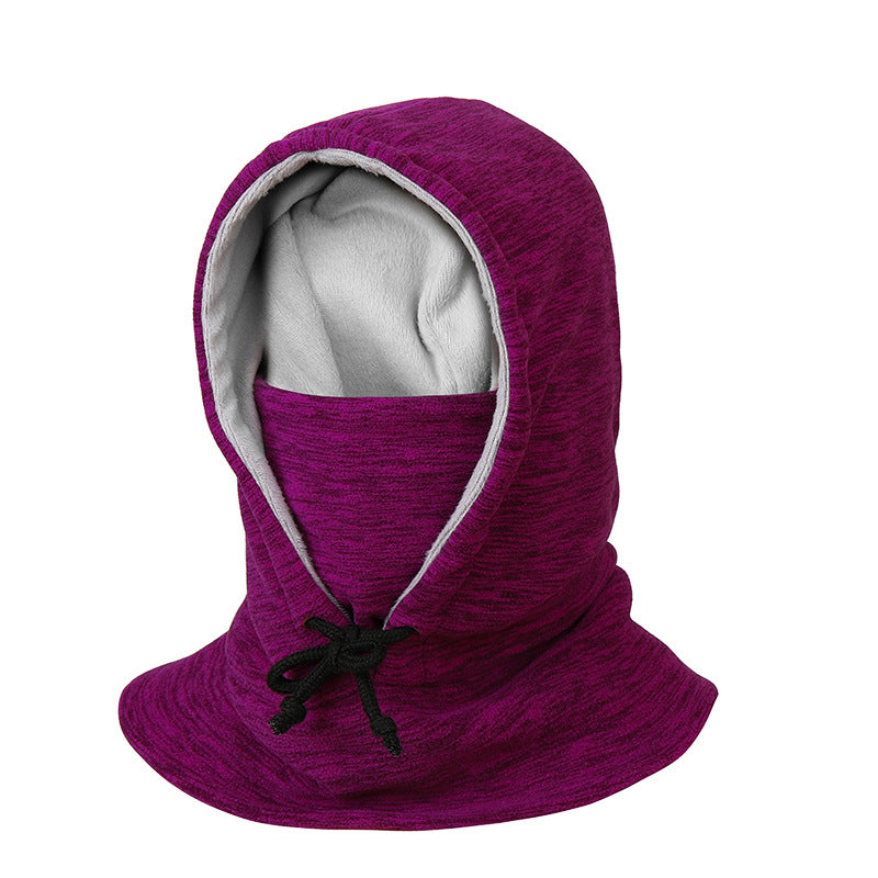 Person wearing a fleece balaclava hood