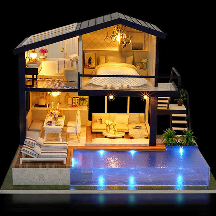 Heat Grove DIY Miniature Dollhouse Kit with LED Lights and Pool