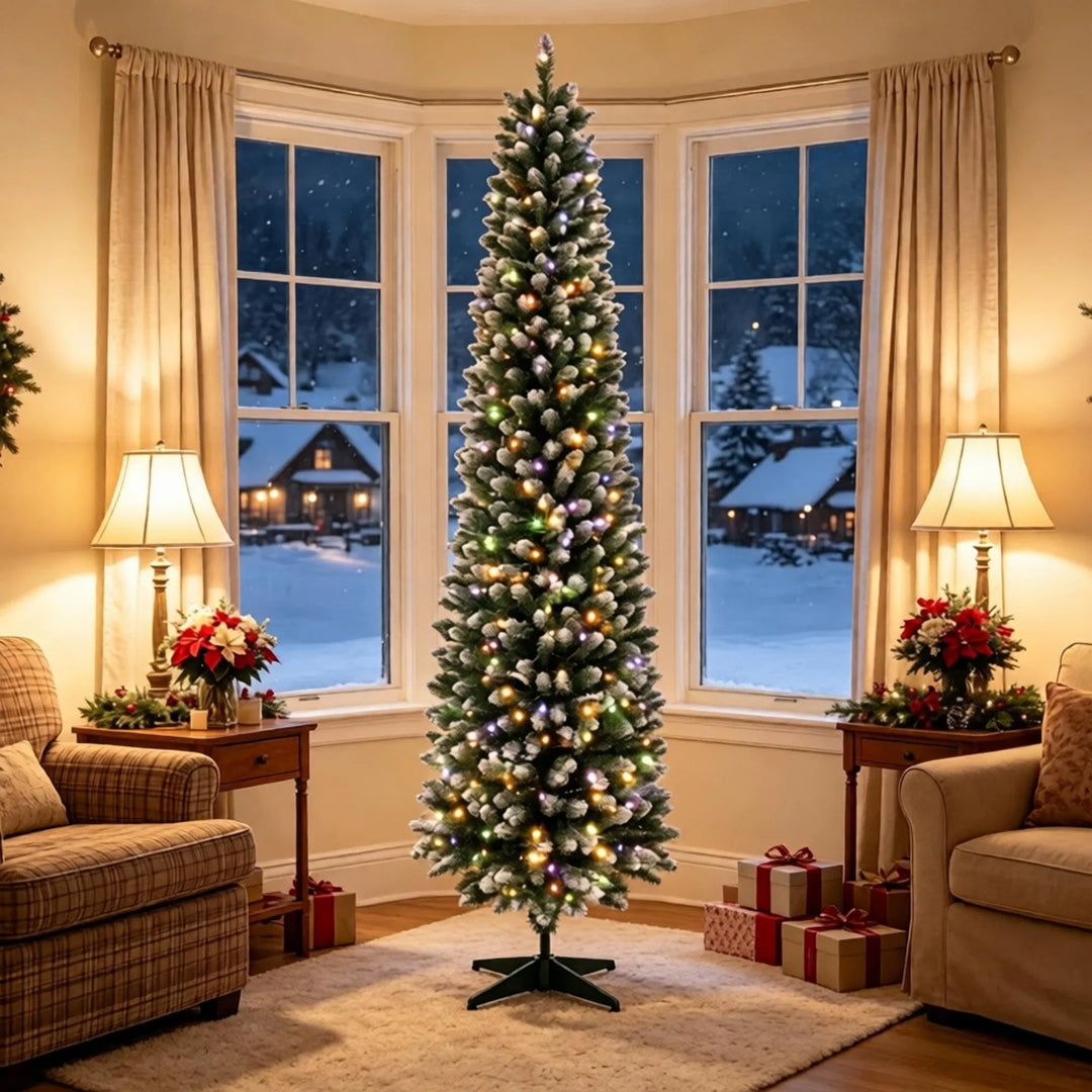 Tall slim frosted pre-lit pencil tree