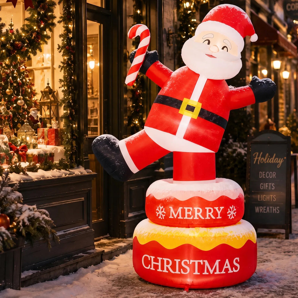 Inflatable standing Santa lit up at night