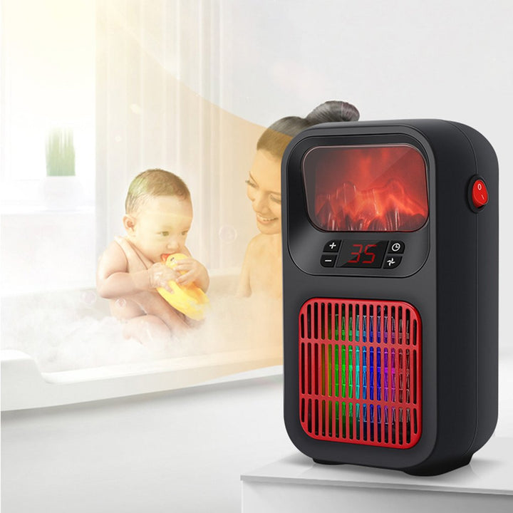 Black mini plug-in heater with flame effect