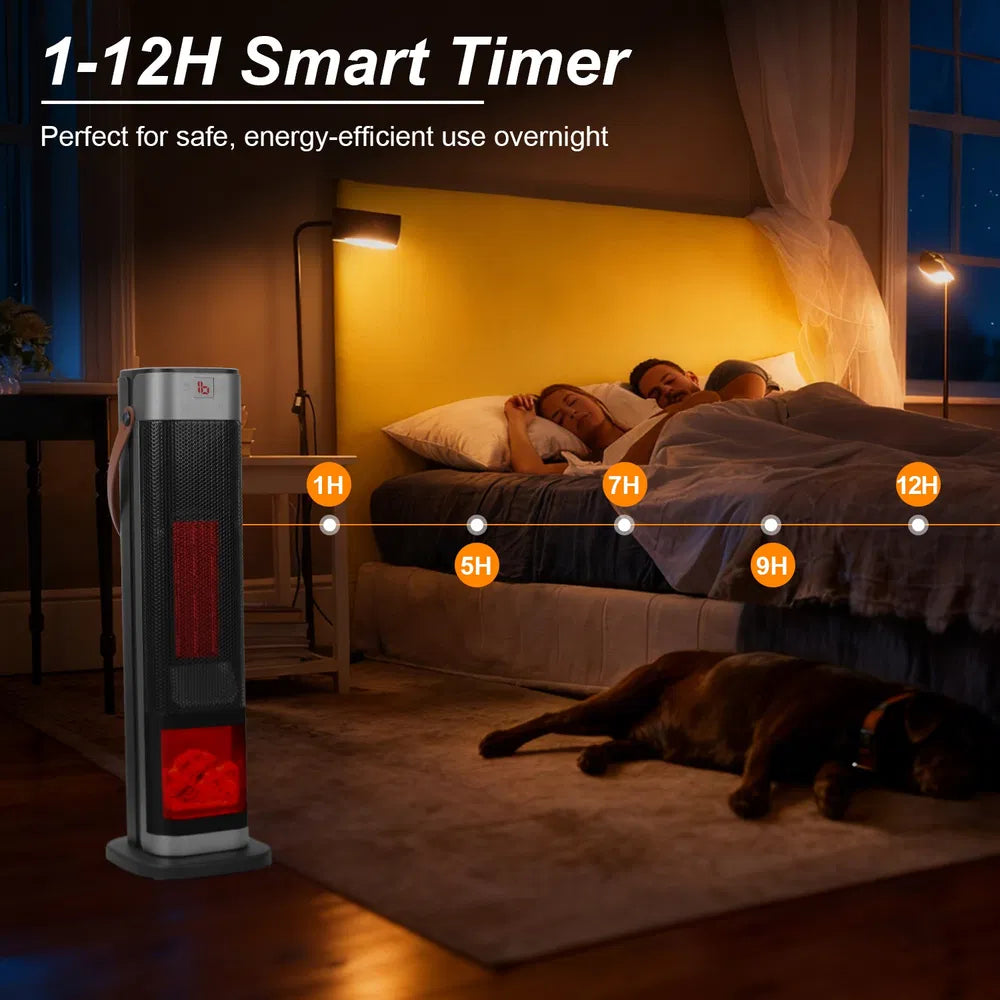 Black tower space heater with glowing flame effect window