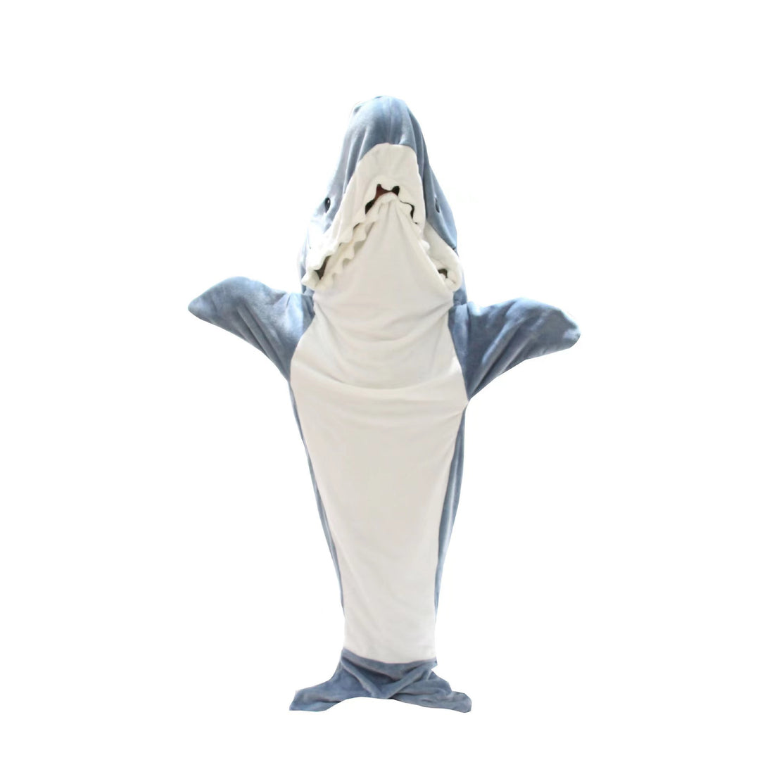 Person wearing a gray shark blanket hoodie