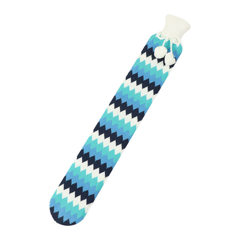 Long hot water bottle with knit cover