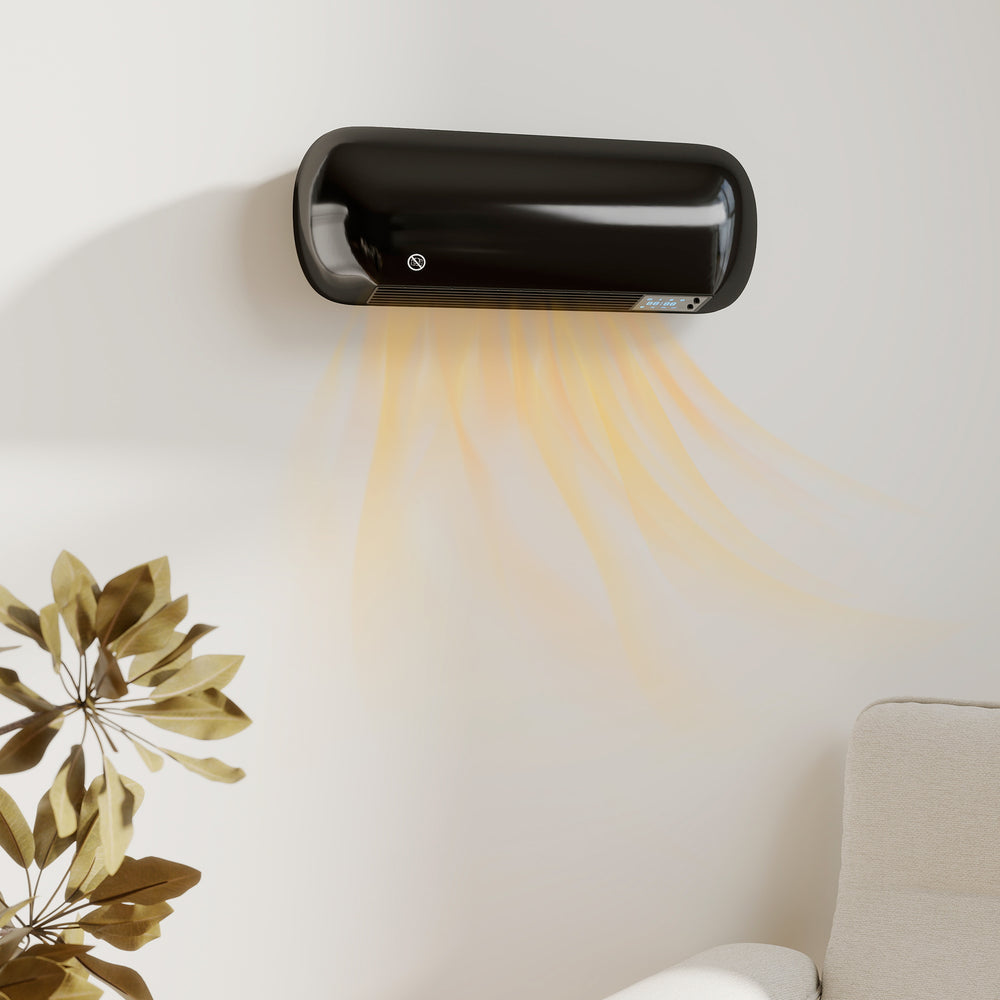 Black ceramic wall heater mounted above a bed