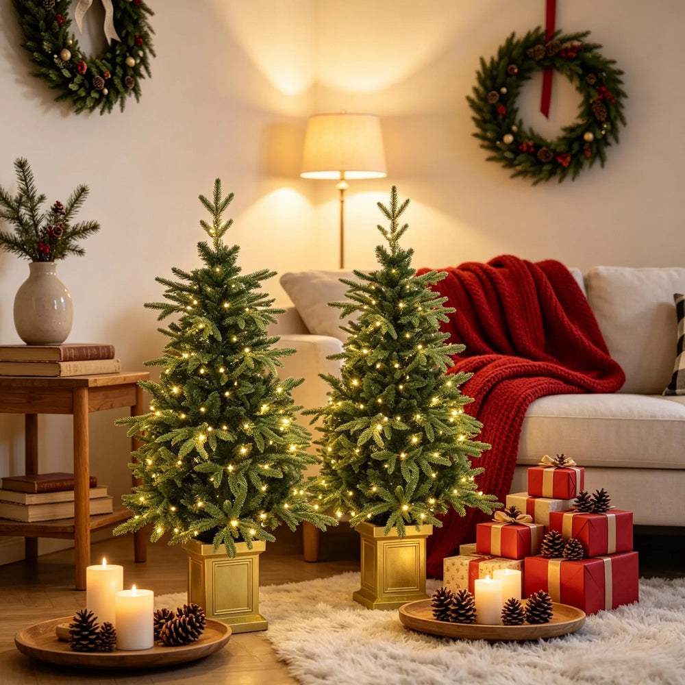 Two potted lit Christmas trees in gold pots