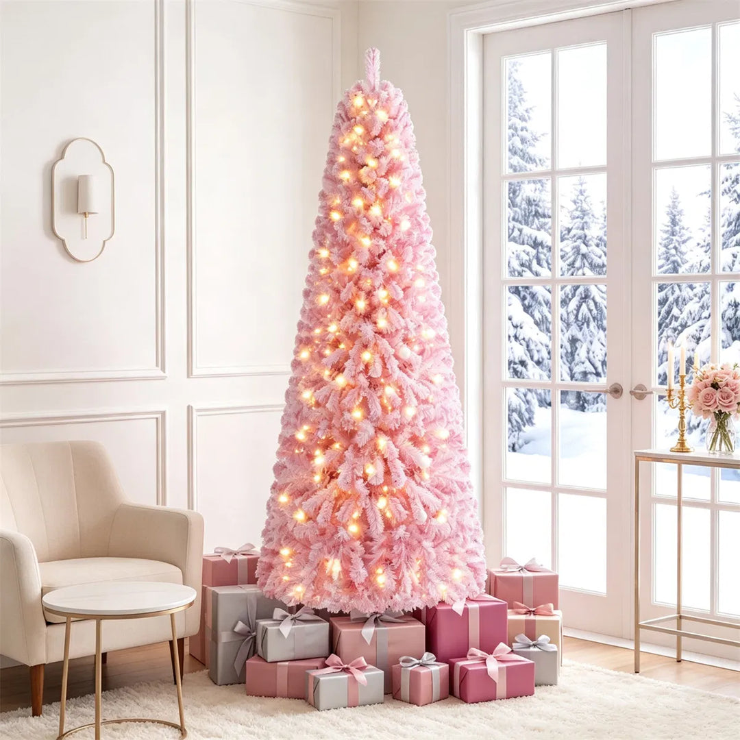 Full pink flocked Christmas tree with lights