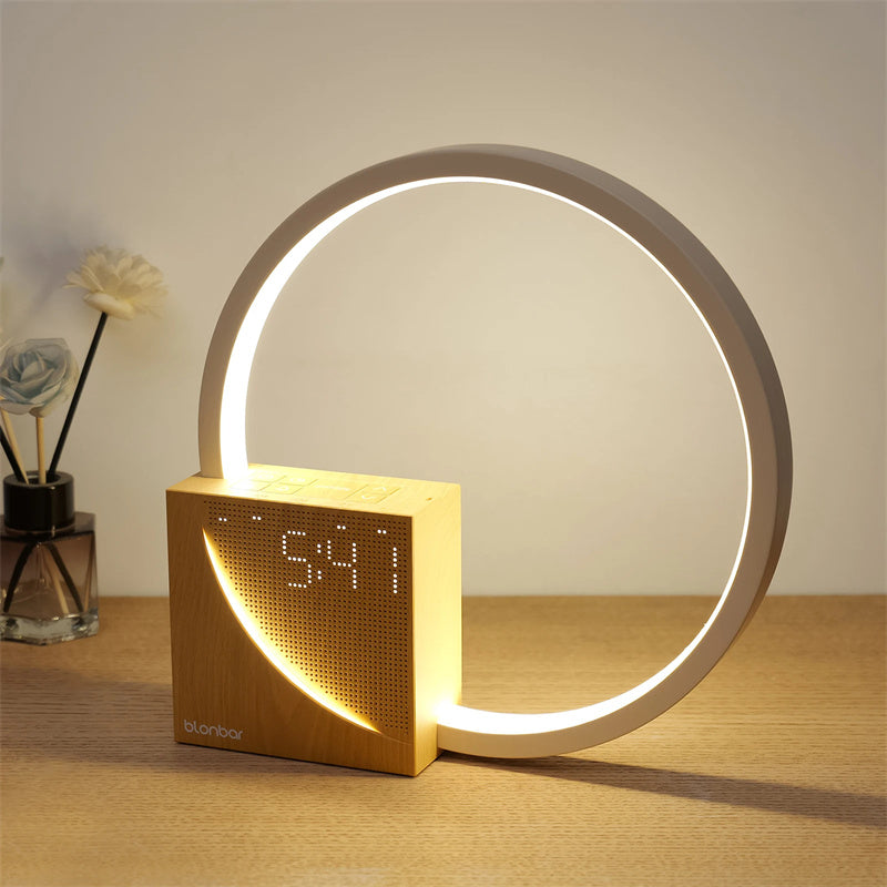 Wooden ring bedside lamp with alarm clock