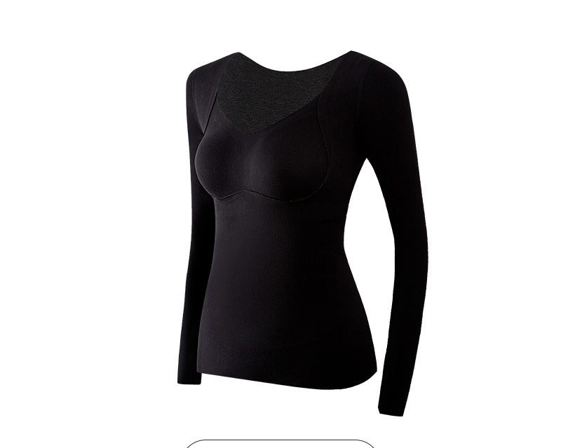 Woman in a black fleece-lined thermal top