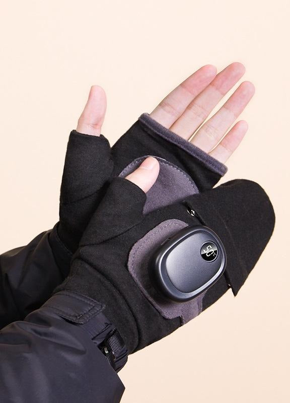 USB heated flip top mittens on hands