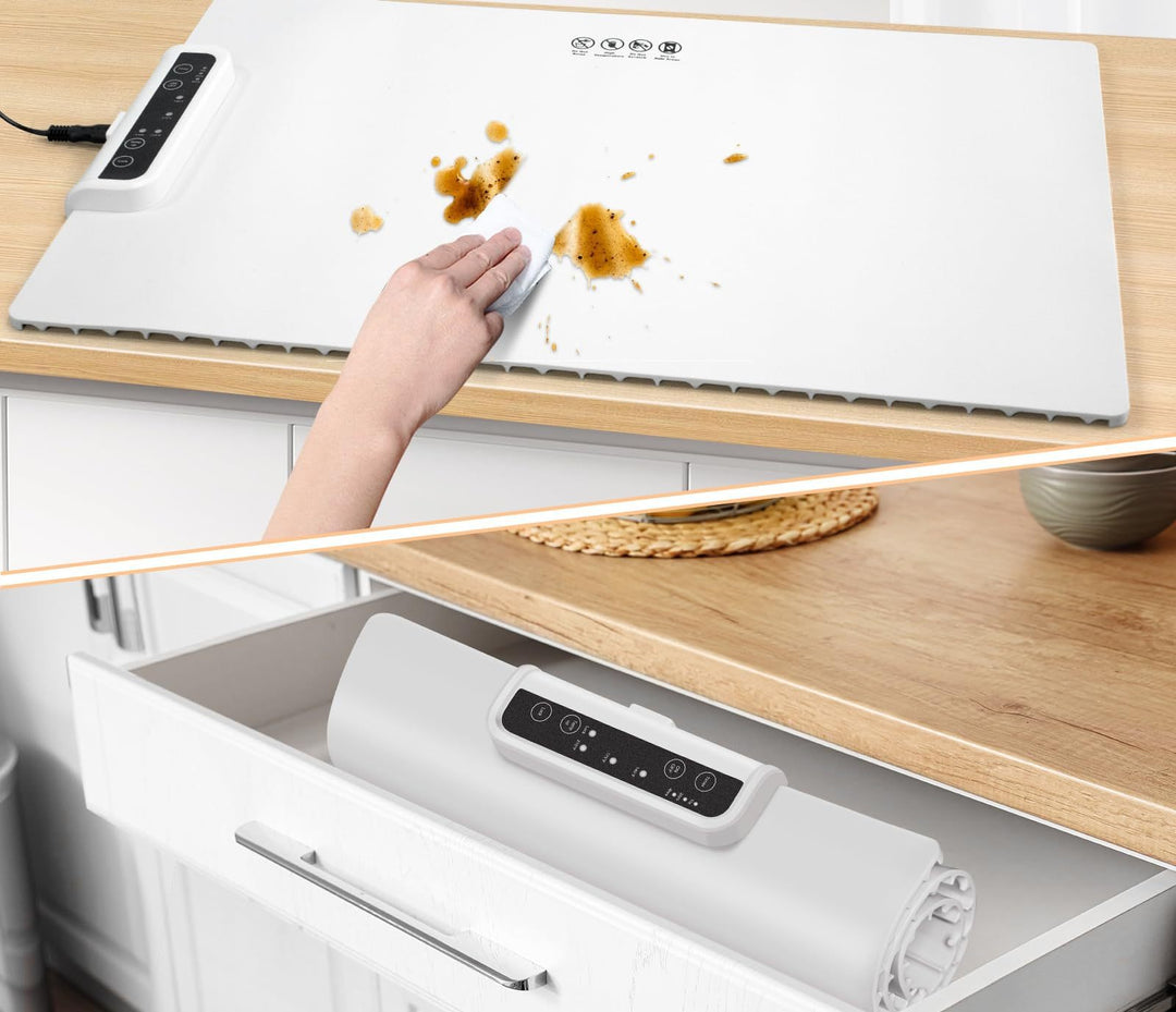 Roll-up food warming mat with dishes