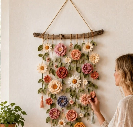 Boho fabric flower wall hanging on wooden branch