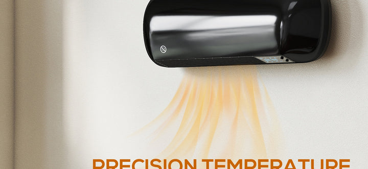 Black ceramic wall heater mounted above a bed