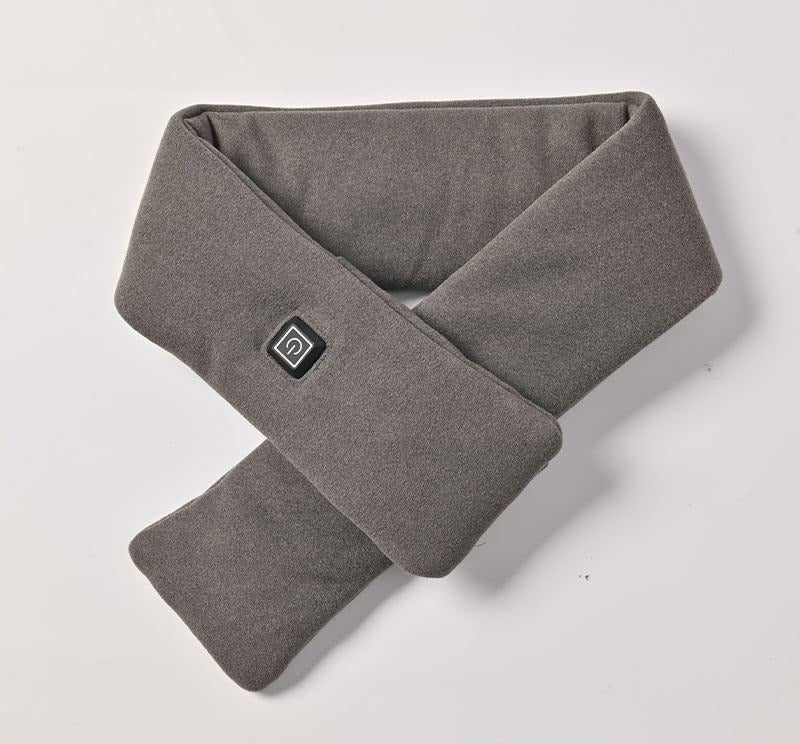 Gray USB heated scarf around neck