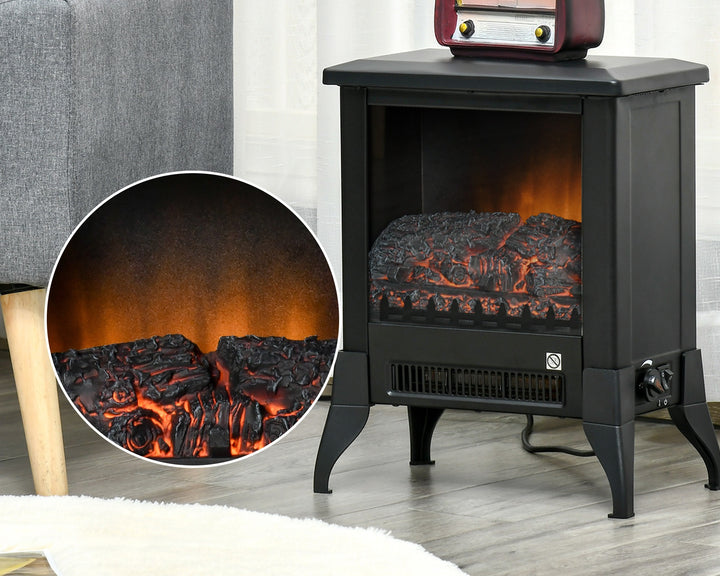 Black electric stove with open front and flames