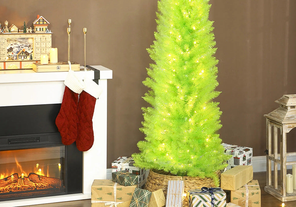Lime green whimsical tree with bent top and red ball
