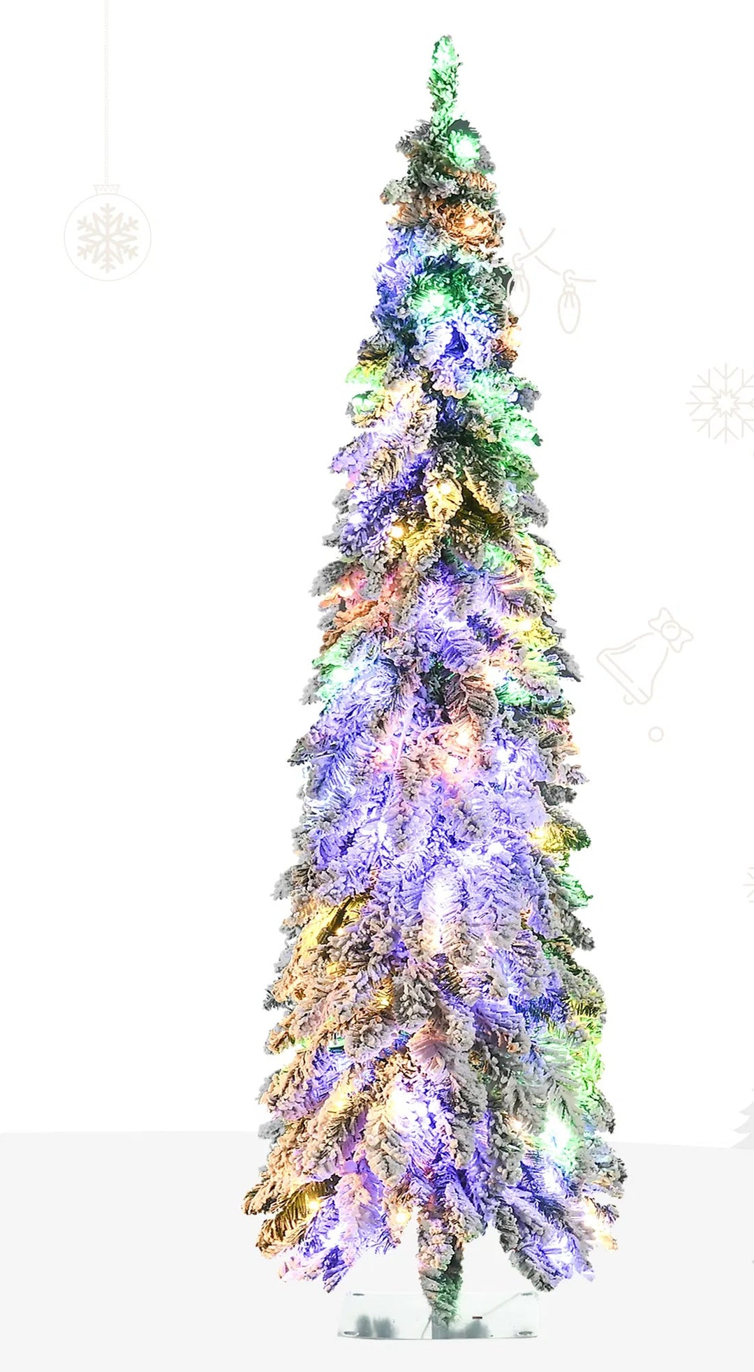 Flocked pencil Christmas tree with color lights