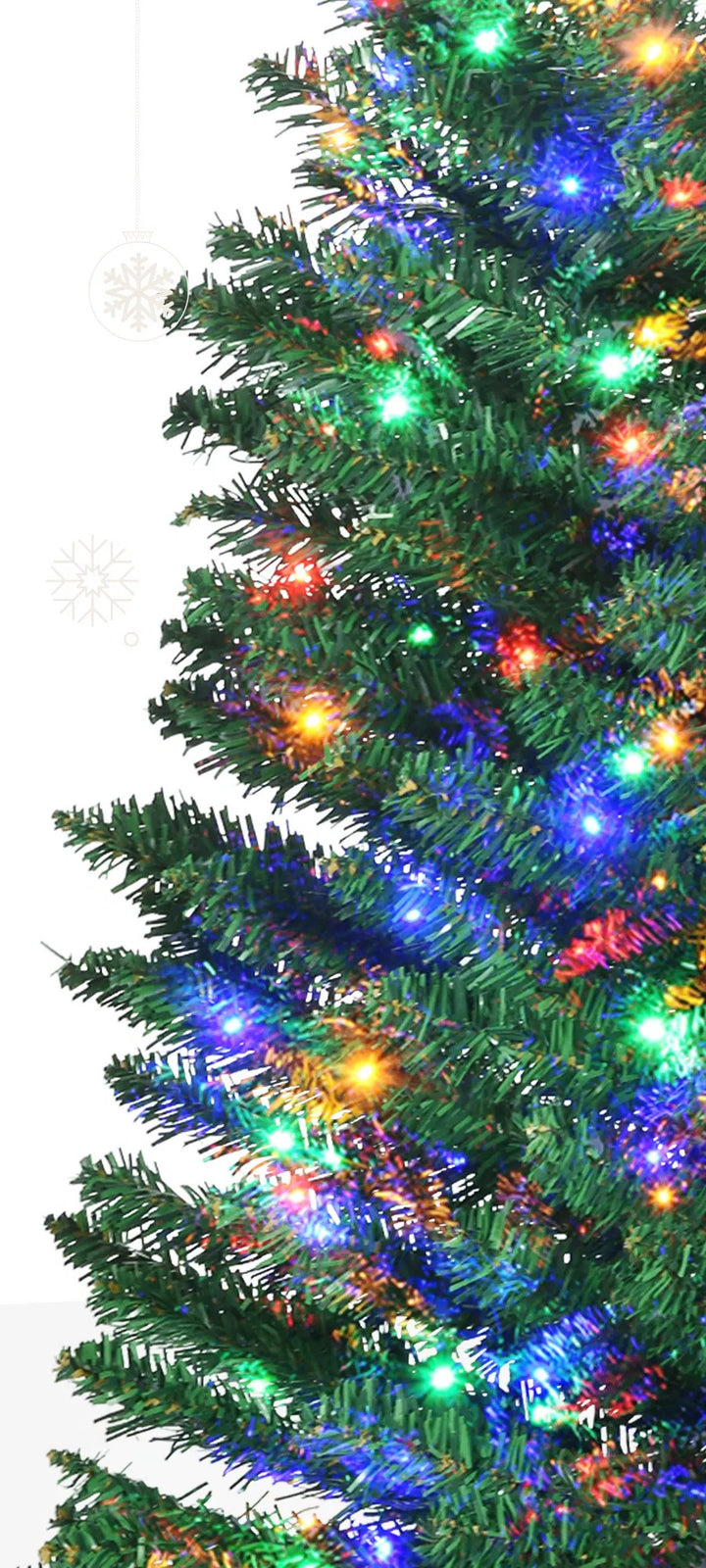 Slim green pencil tree with multicolor lights