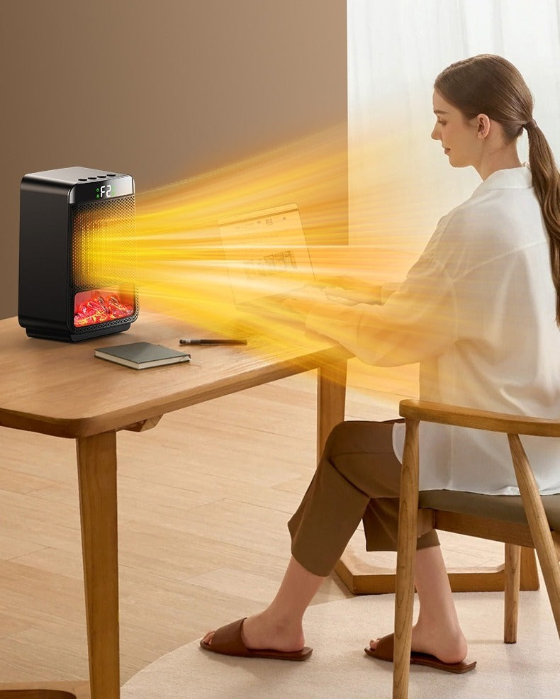 Black compact space heater with flame effect