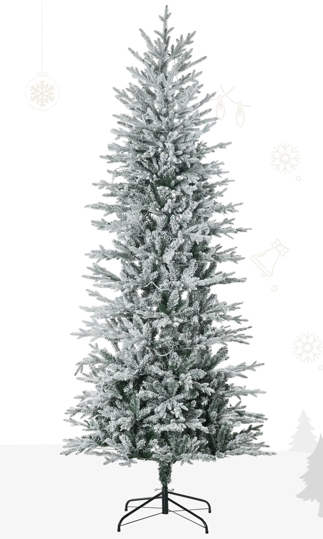 Tall snow flocked Christmas tree with lights